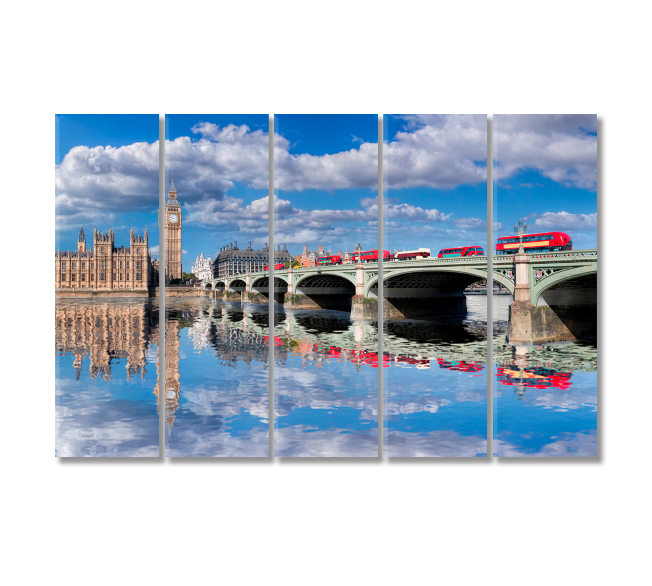 Big Ben and Westminster Bridge with Red Buses London Canvas Print-Canvas Print-CetArt-5 Panels-36x24 inches-CetArt