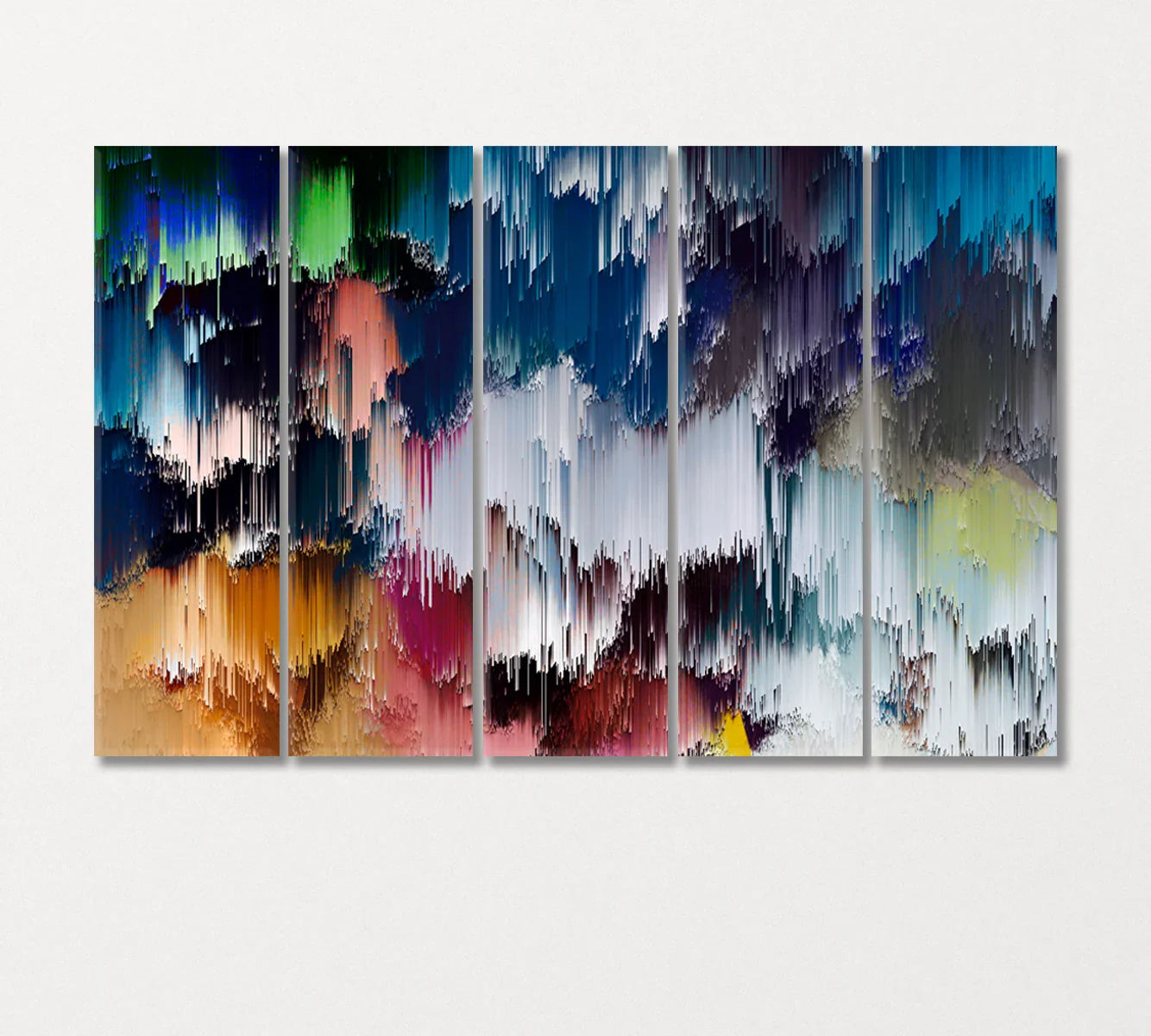 Fünfteiliges geometrisch-abstraktes Leinwandset – breite Wandinstallation mit verspiegelten Kanten