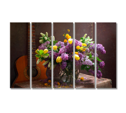 Still Life with Guitar and Magnificent Lilac Flowers Canvas Print-Canvas Print-CetArt-5 Panels-36x24 inches-CetArt