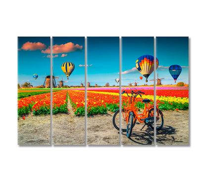 Hot Air Balloons over Tulip Fields Kinderdijk Netherlands Canvas Print-Canvas Print-CetArt-5 Panels-36x24 inches-CetArt