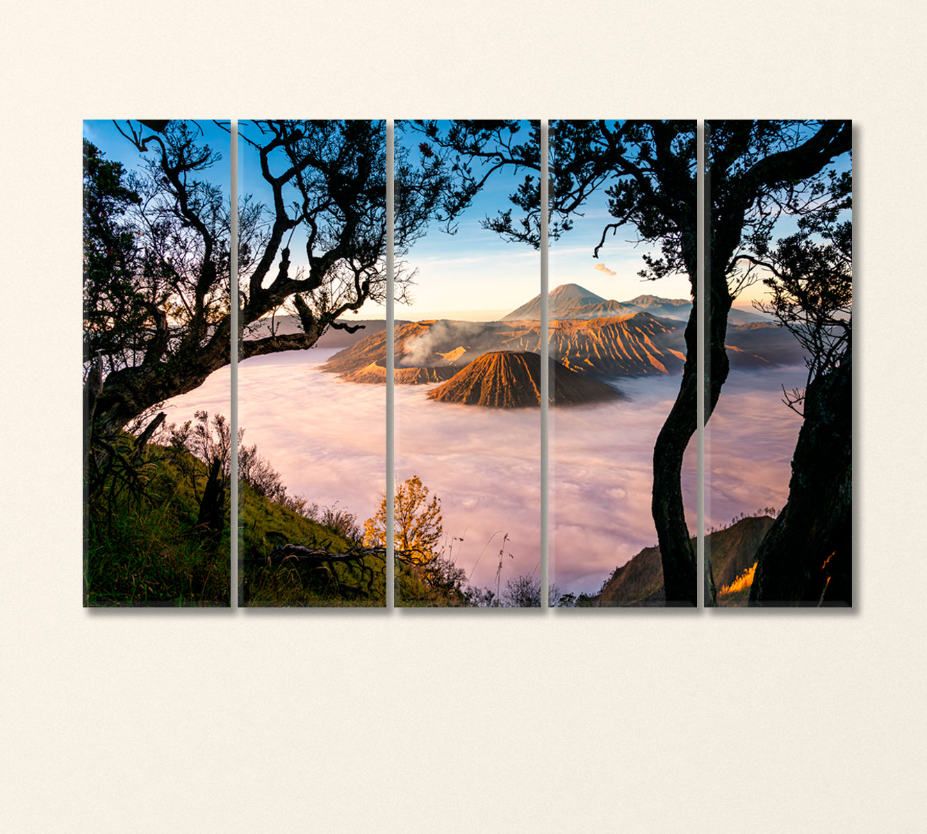 Bromo Volcano Surrounded by Morning Fog Indonesia Canvas Print-Canvas Print-CetArt-5 Panels-36x24 inches-CetArt