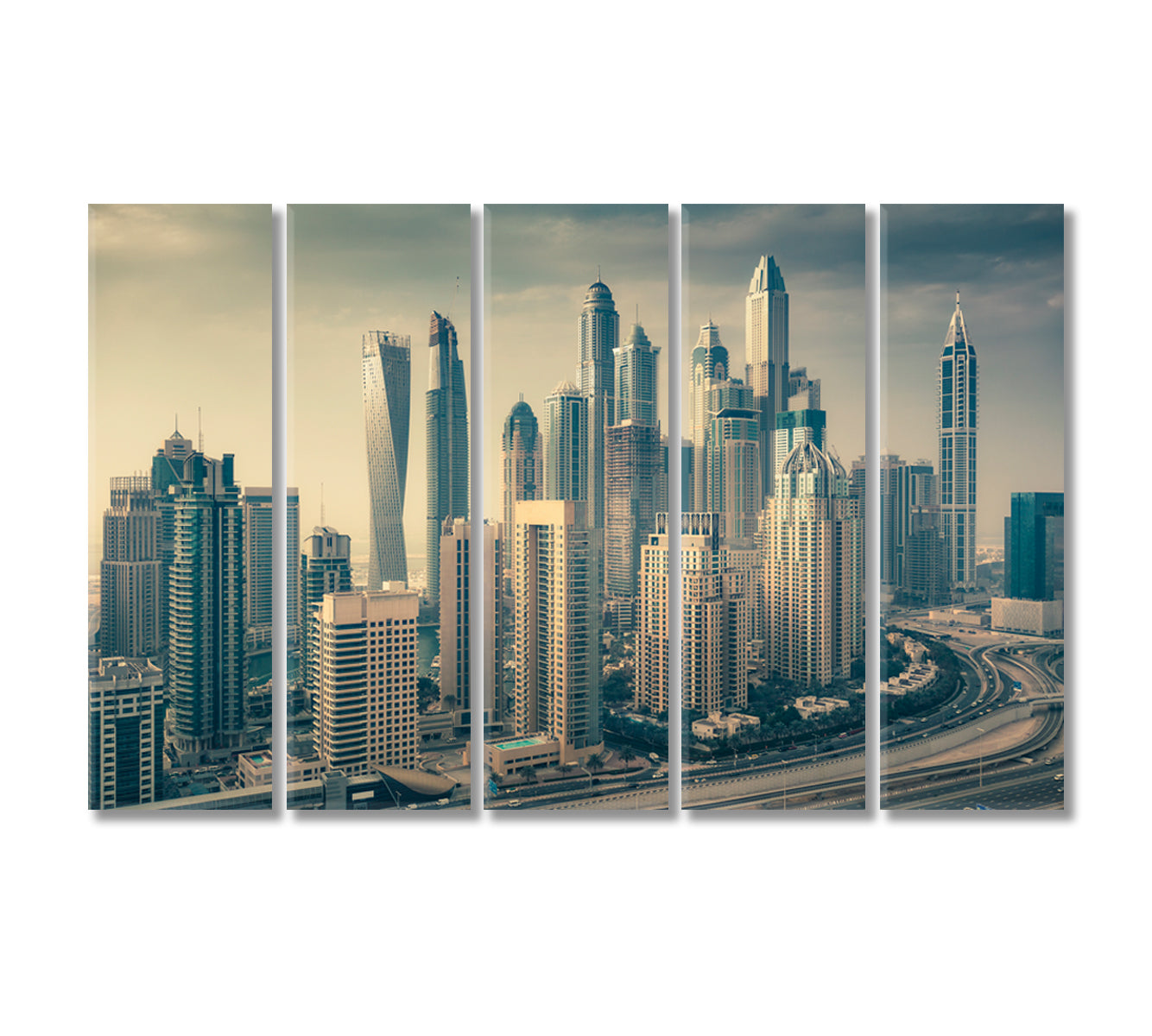 Skyline of Dubai Marina with Skyscrapers UAE Canvas Print-Canvas Print-CetArt-5 Panels-36x24 inches-CetArt