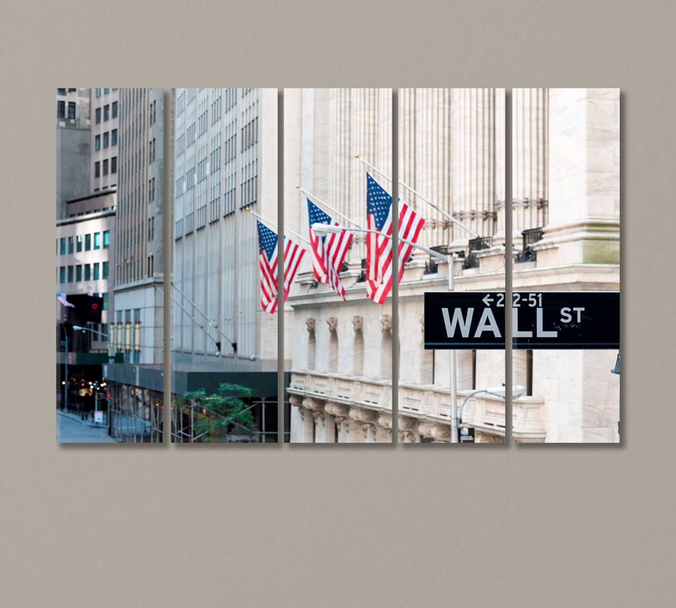 Wall Street Sign with American Flags Canvas Print-Canvas Print-CetArt-5 Panels-36x24 inches-CetArt