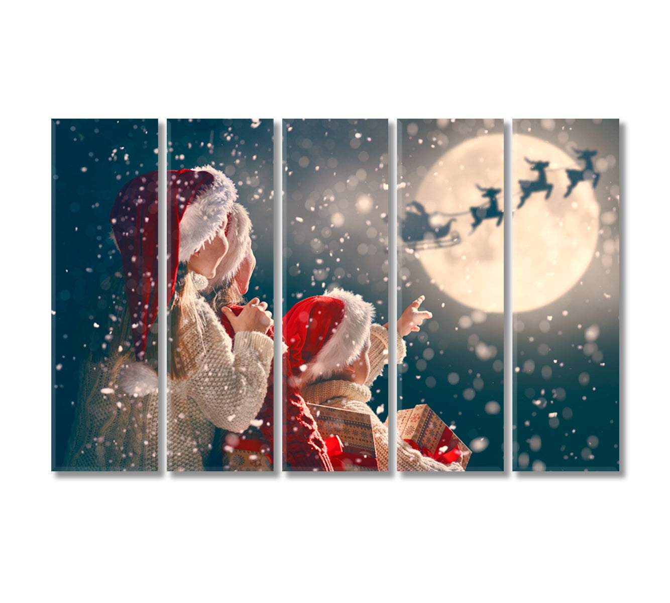 Children See Santa Claus in Sleigh Merry Christmas Canvas Print-Canvas Print-CetArt-5 Panels-36x24 inches-CetArt