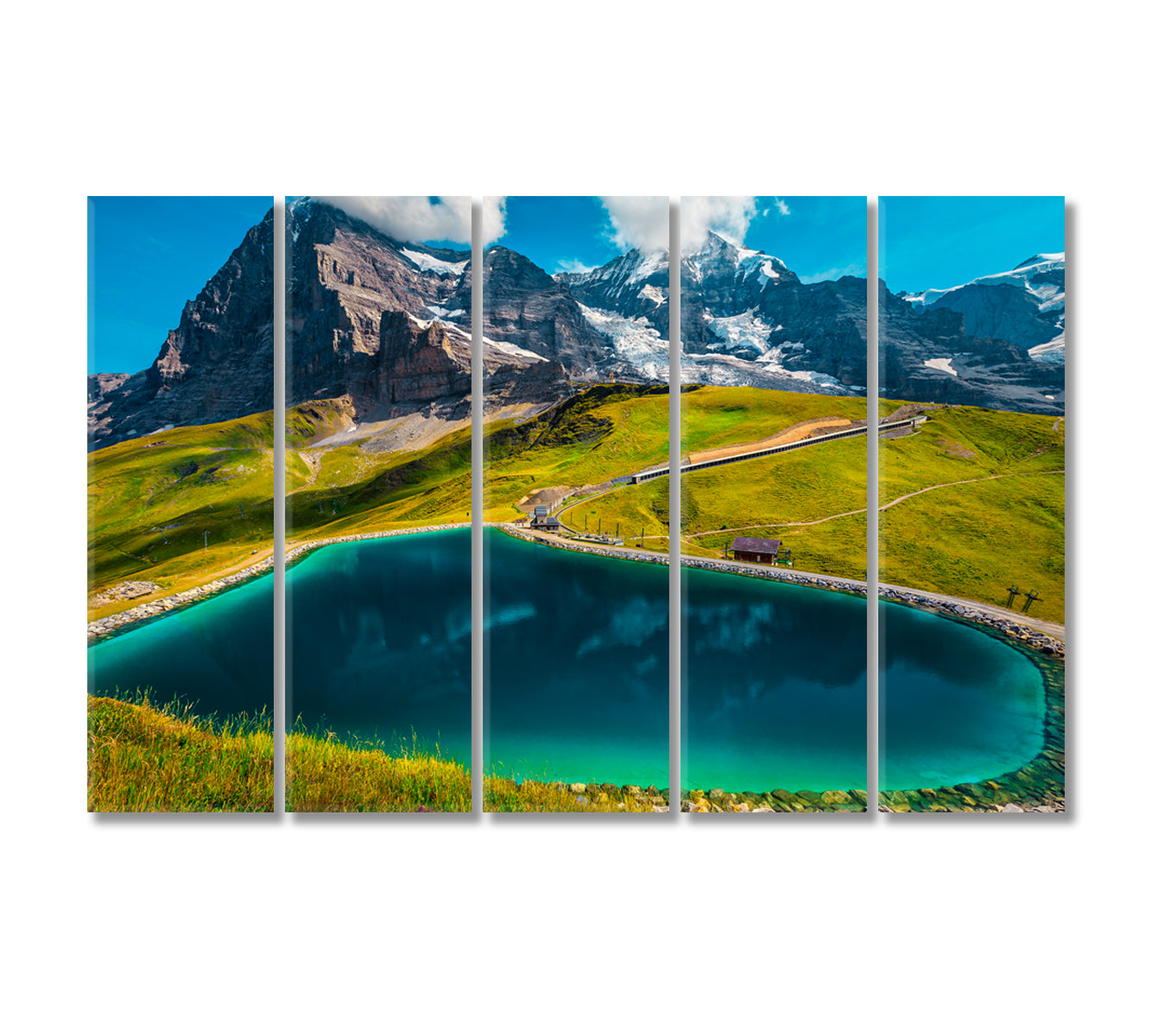 Snowy Mountains with Fallbodensee Lake Switzerland Canvas Print-Canvas Print-CetArt-5 Panels-36x24 inches-CetArt