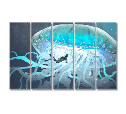 Giant Jellyfish with Diver Canvas Print-Canvas Print-CetArt-5 Panels-36x24 inches-CetArt