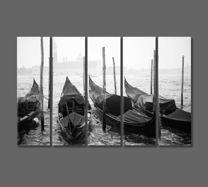 Gondolas on Grand Canal Venice Italy in Black and White Canvas Print-Canvas Print-CetArt-5 Panels-36x24 inches-CetArt