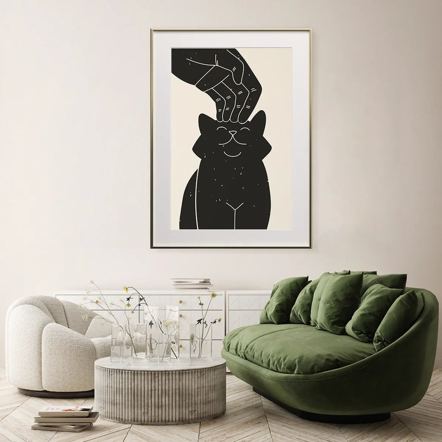 Abstract cat poster with hand scratching head