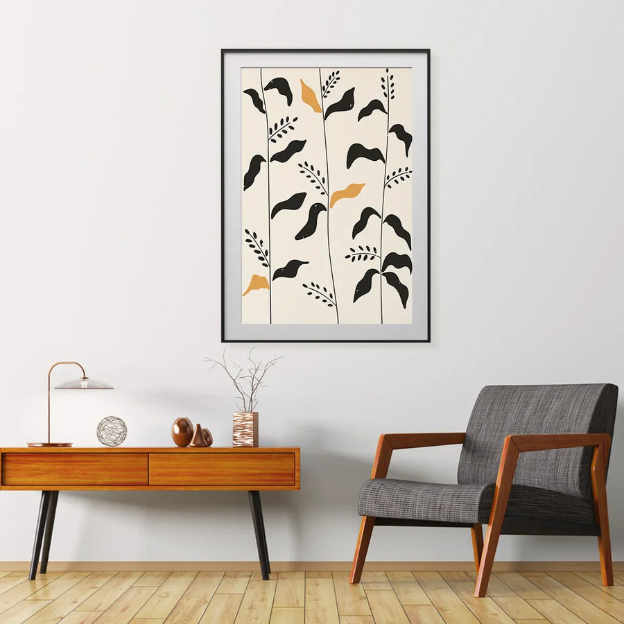Abstract leaves in black with small beige accents poster