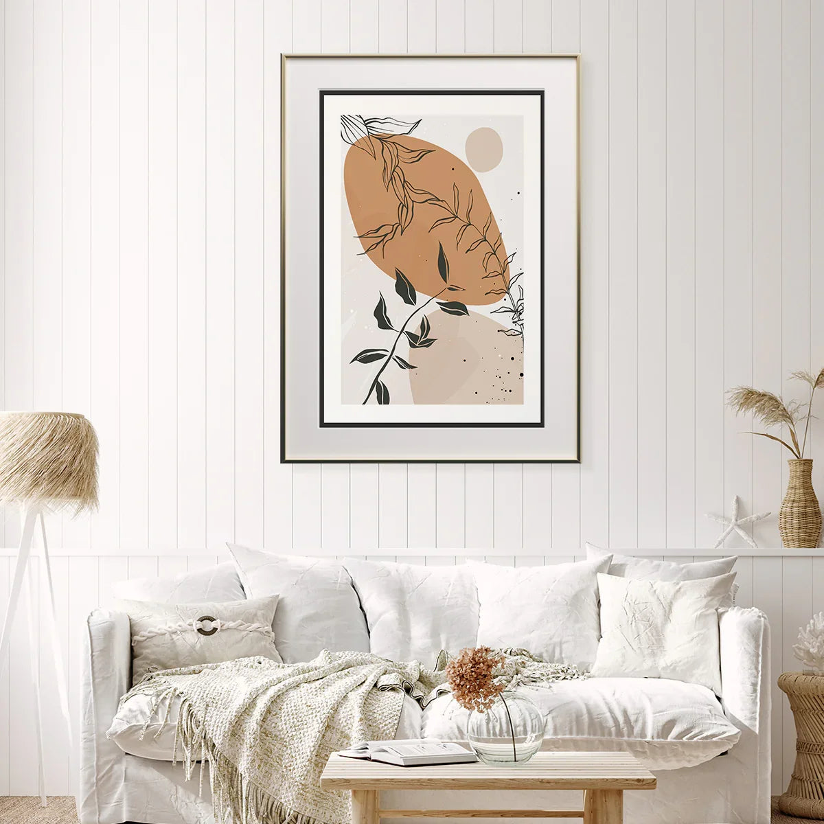 Styling inspiration: abstract plant poster in a bright coastal-modern living room
