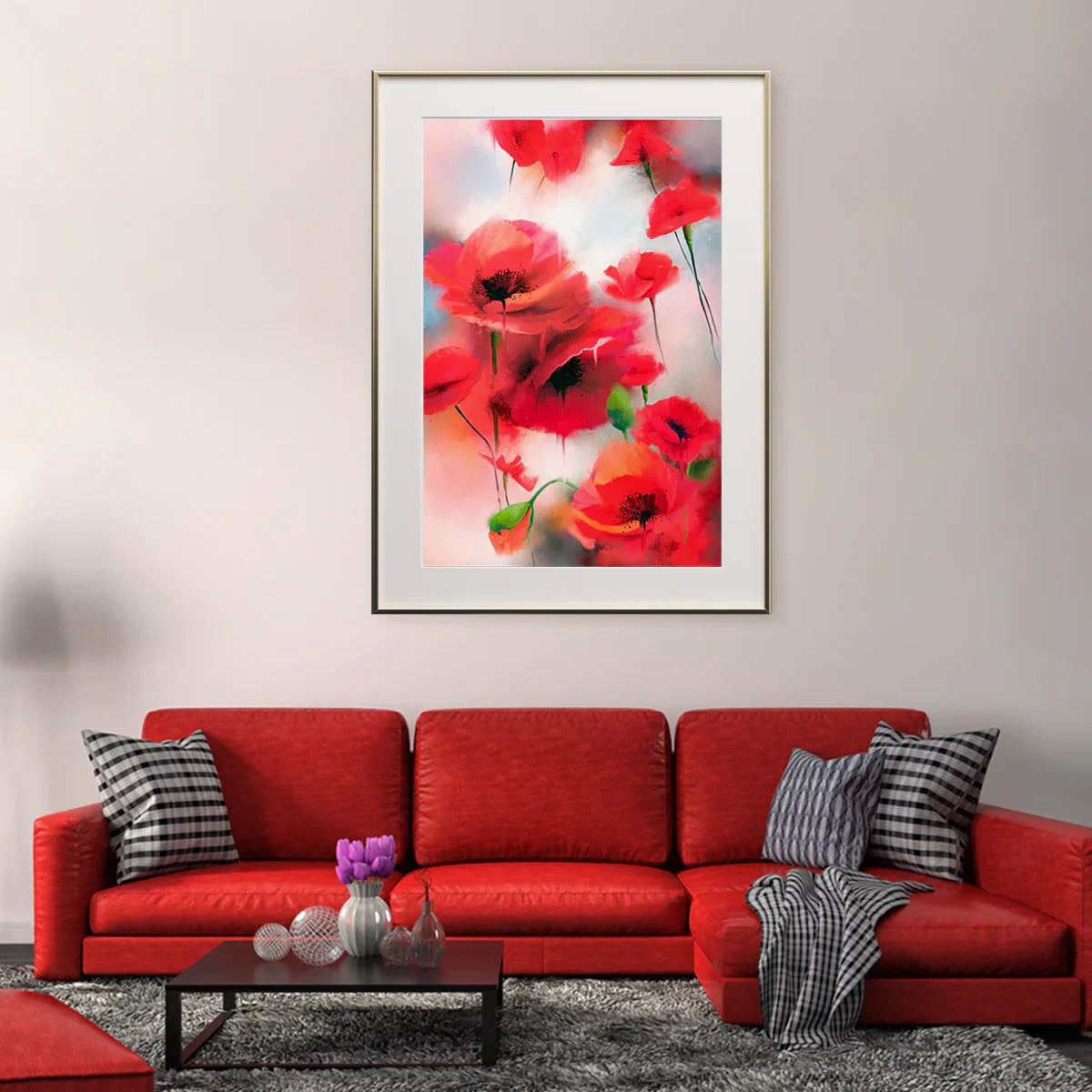 Estampado abstracto de amapolas rojas con paspartú blanco y marco dorado.