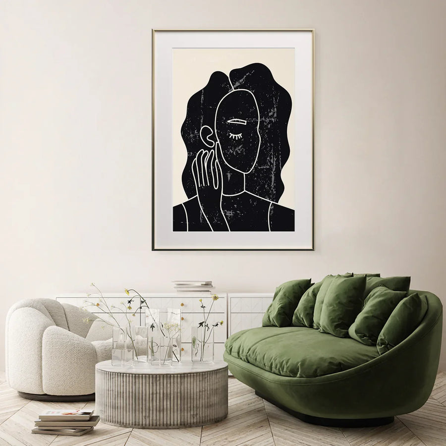 Line-art woman portrait poster in black on cream