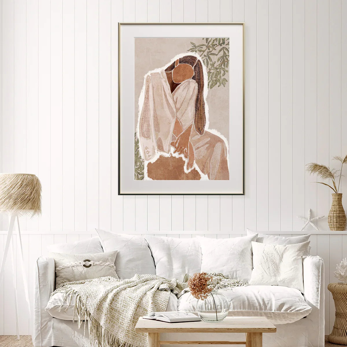 Abstract woman portrait boho poster in neutral lounge