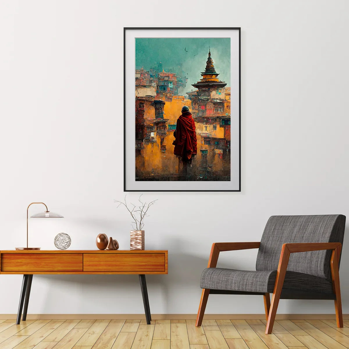 Ancient city art print with monk in red robe