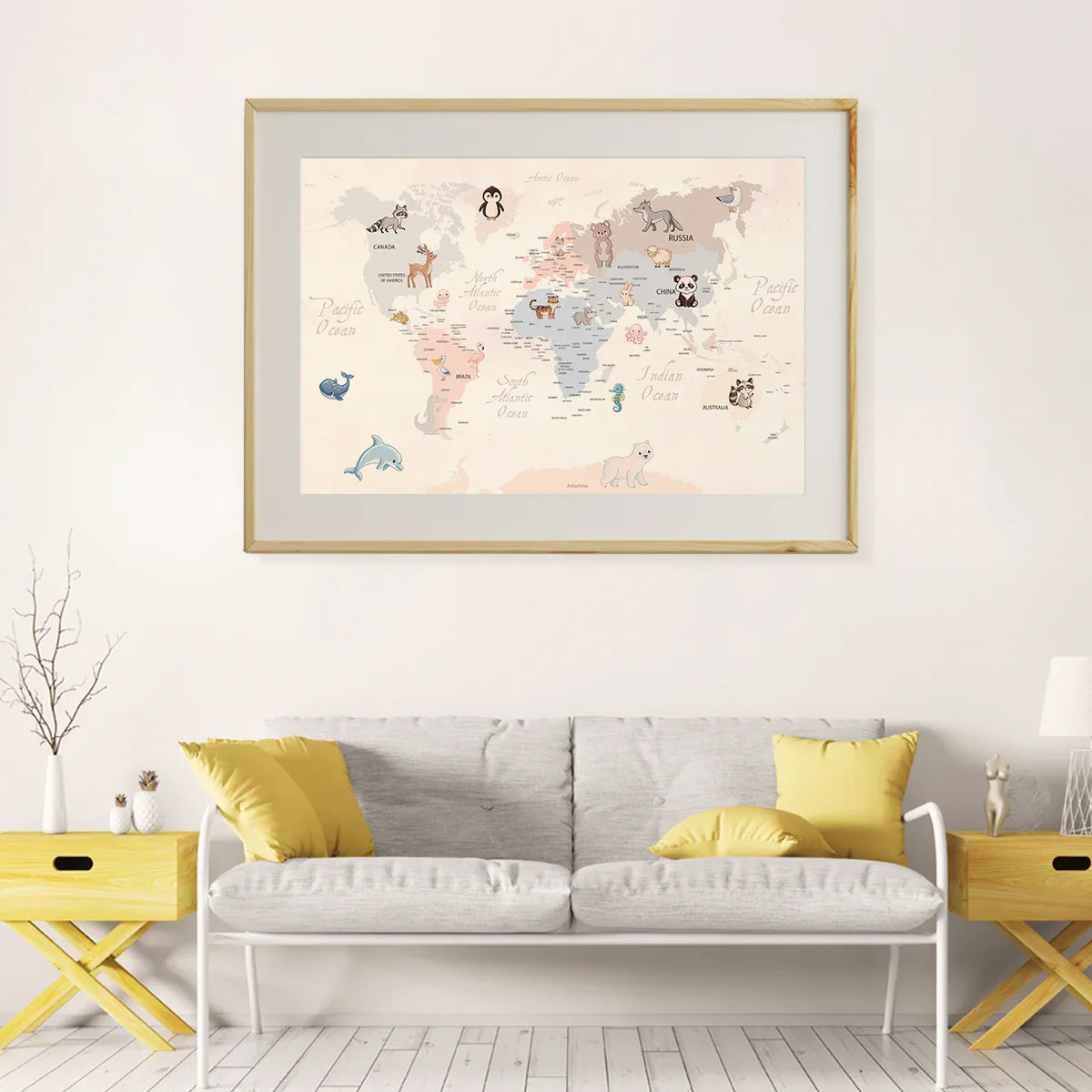 Children’s world map with cute animals by continent — educational kids room poster