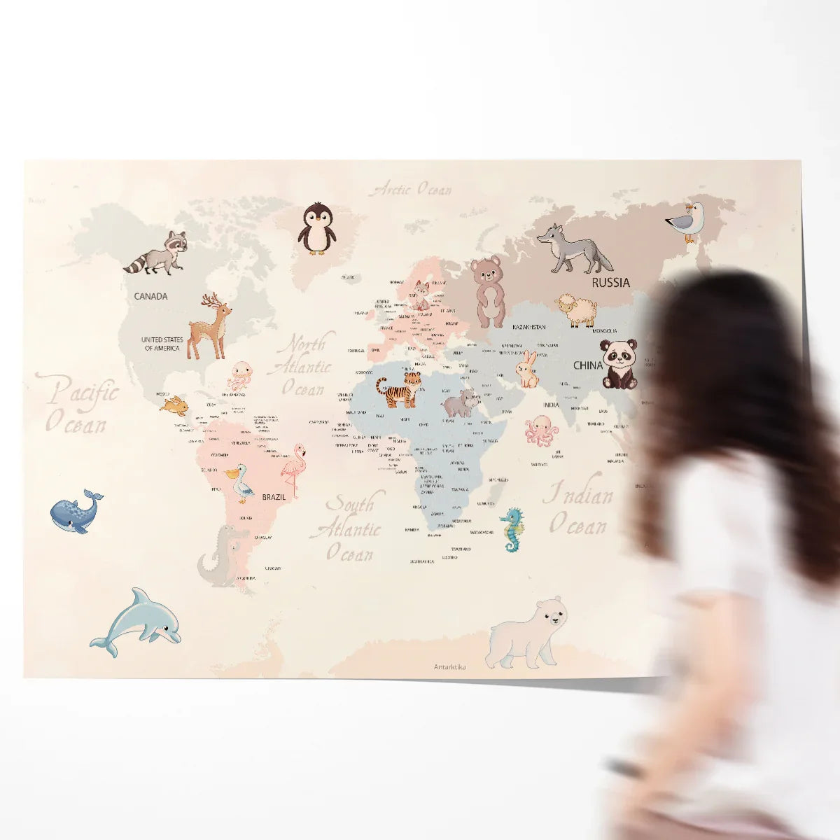 Animals world map poster in warm neutral room