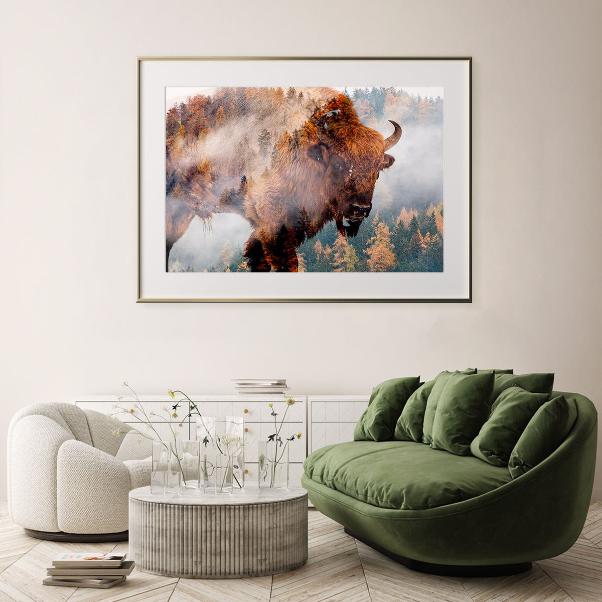 Bison with Foggy Forest Creative Poster Wall Art-Horizontal Posters NOT FRAMED-CetArt-10″x8″ inches-CetArt