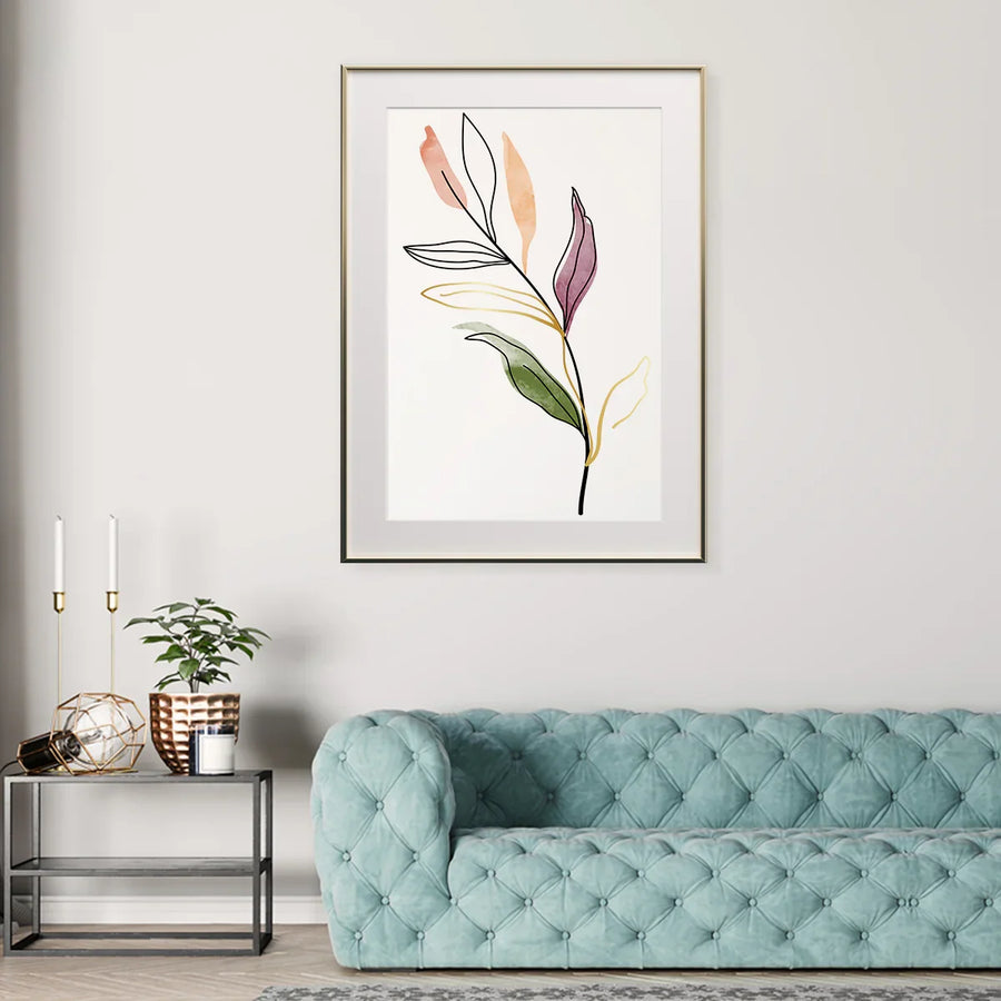 Delicate stem with multicolor leaves line art poster