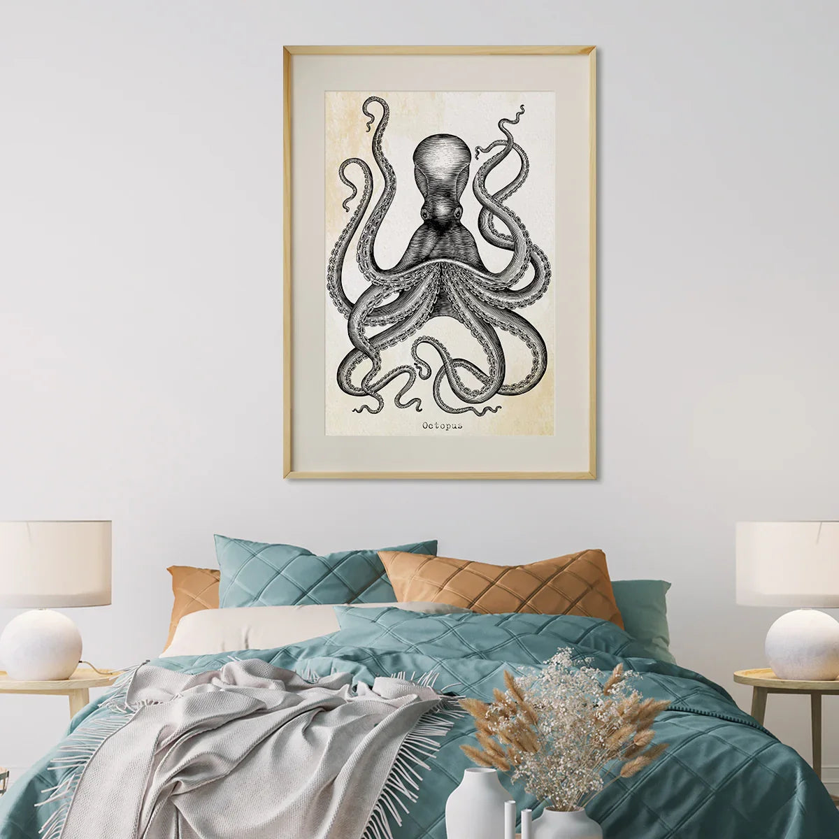 Vintage octopus engraving poster styled vertically in a bedroom