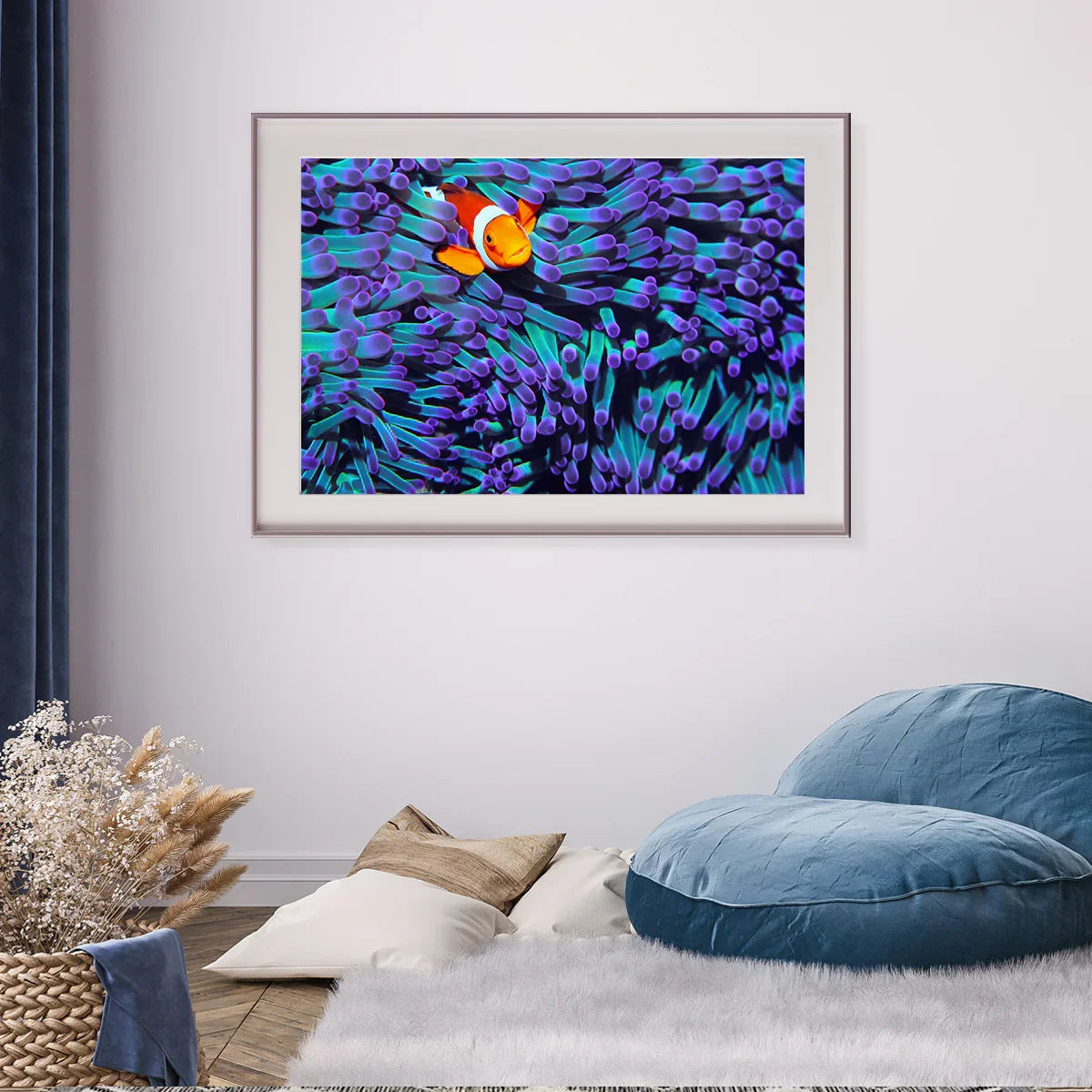 Clown anemonefish poster with vibrant purple anemone