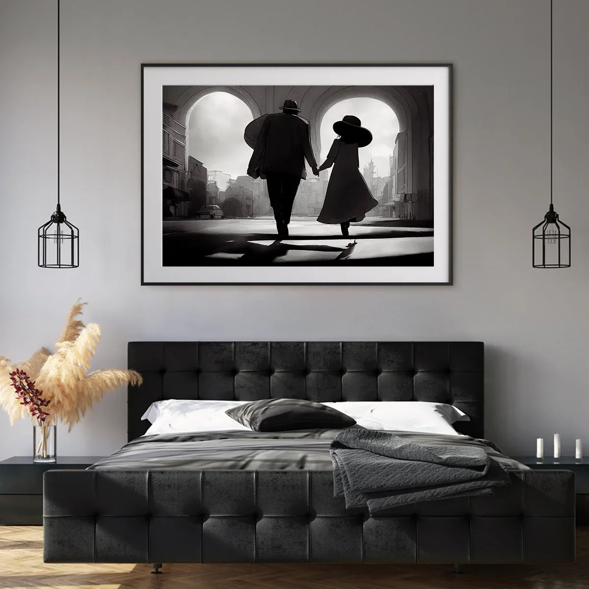 Black and white couple walking in Paris poster