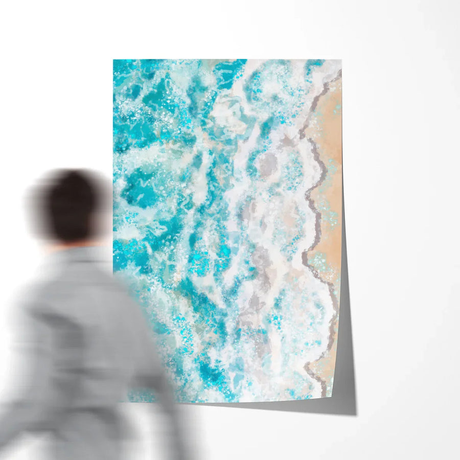 Close view of teal-blue waves rolling to shore, modern beach poster