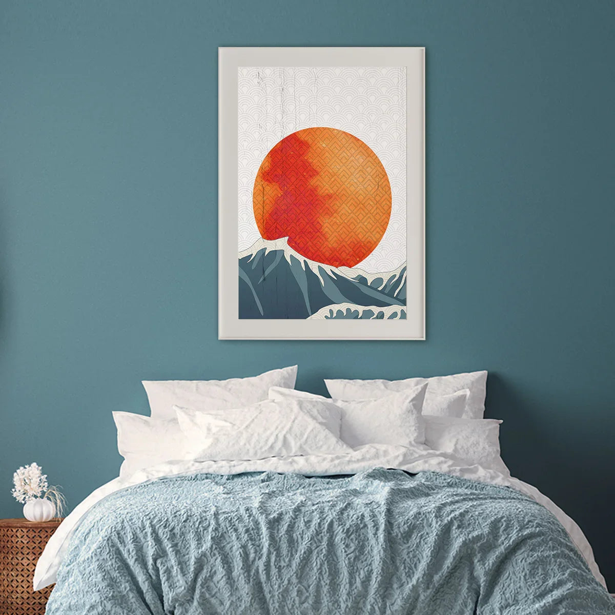 Framed orange sun above blue peaks with patterned sky—bedroom placement shown.