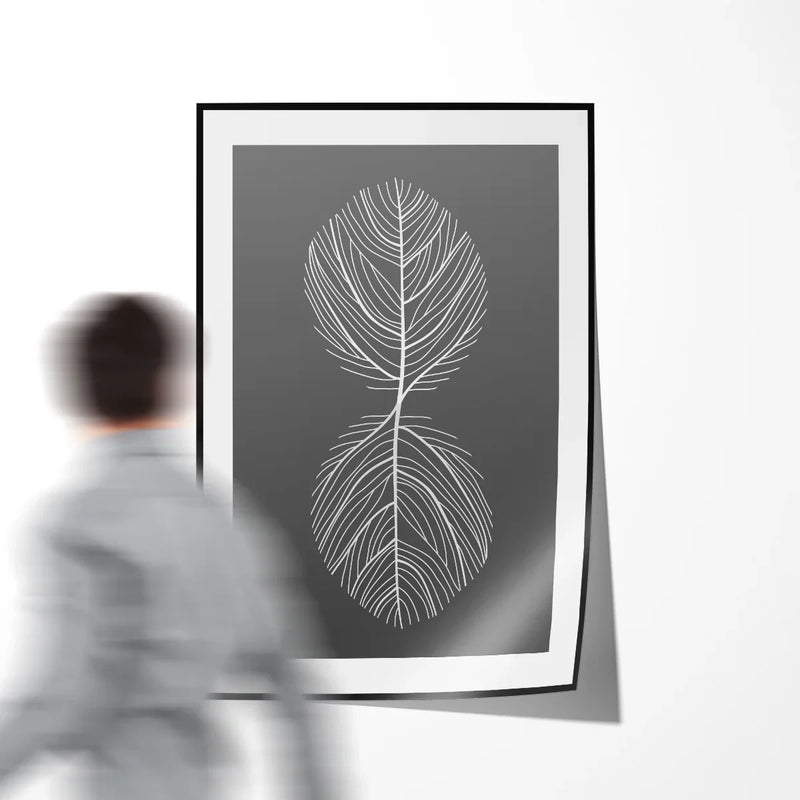 Abstract leaf line-art poster in black and white