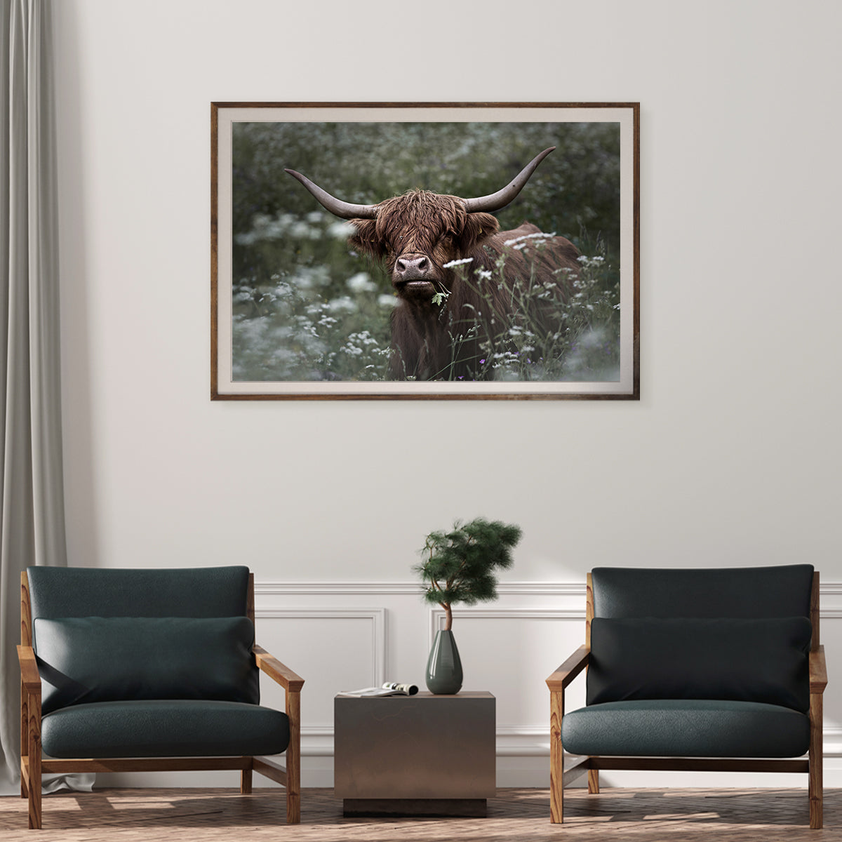 Highland Cattle Cow in Green Flowers Field Posters For Wall Decor-Horizontal Posters NOT FRAMED-CetArt-10″x8″ inches-CetArt