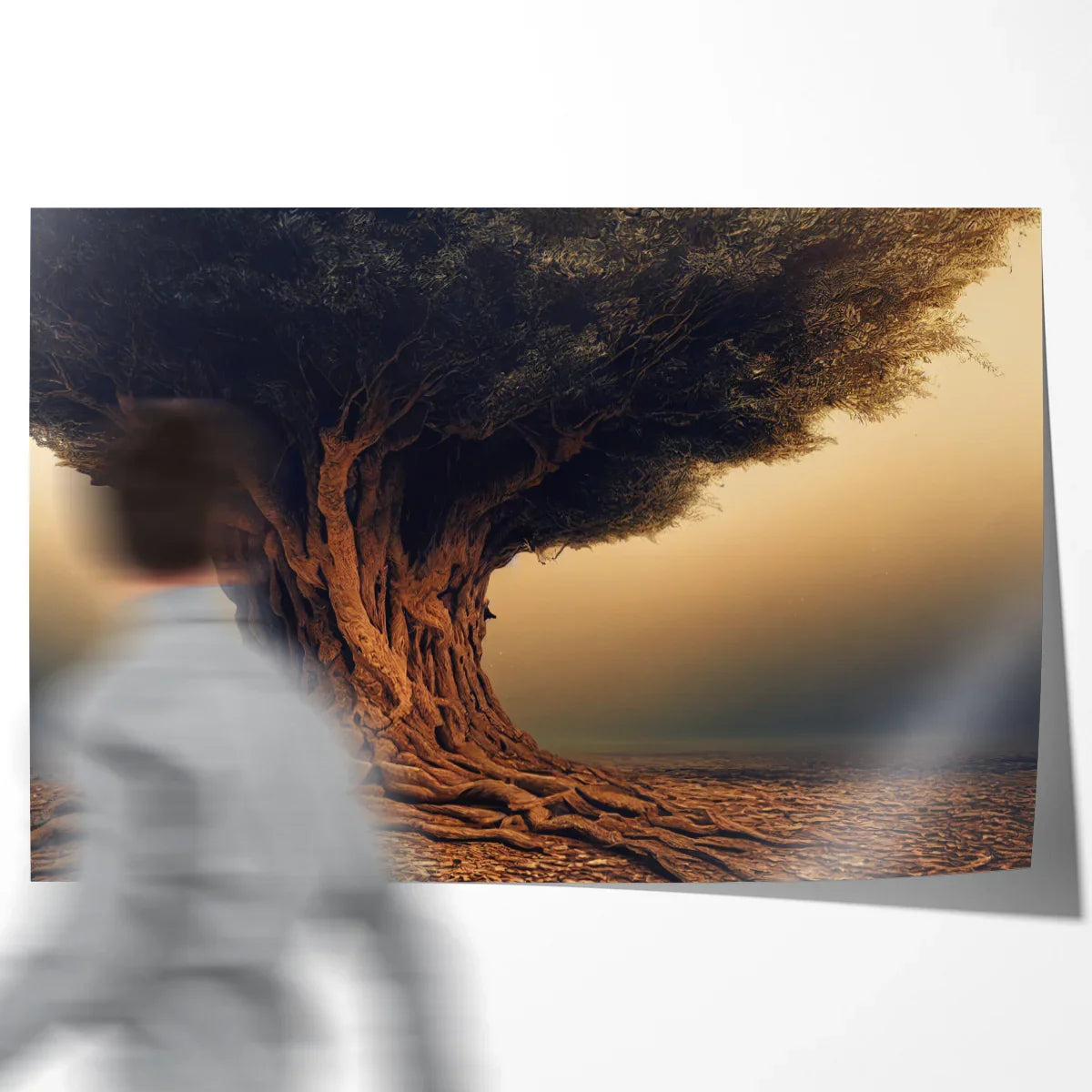 Impressive Large Tree modern abstract poster: detailed trunk and canopy in golden dusk tones