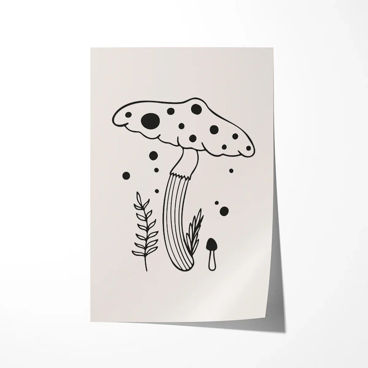 Minimal mushroom illustration black ink on warm paper
