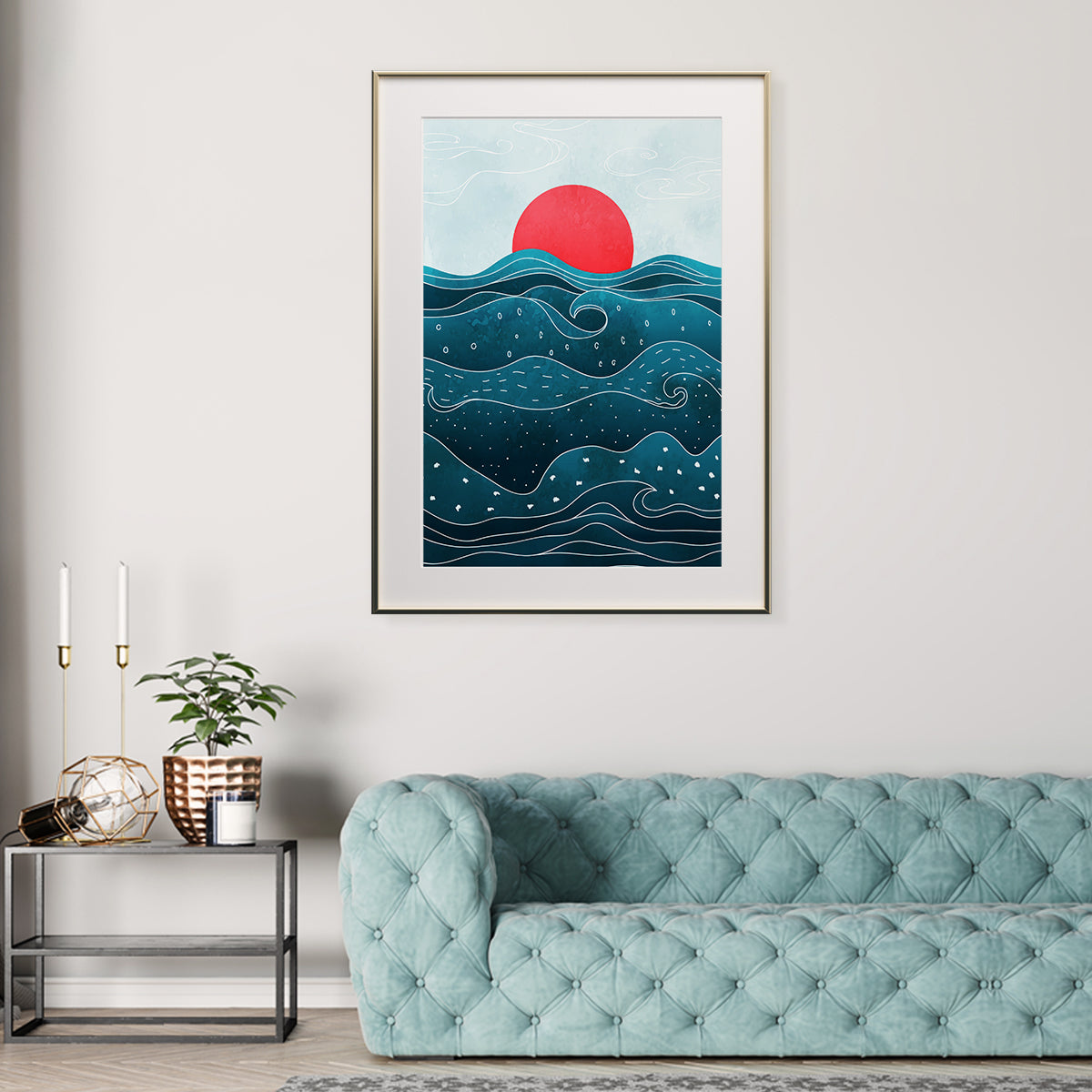 Red Sun in Blue Sea Waves Posters Wall Art Decor Japanese Style-Vertical Posters NOT FRAMED-CetArt-8″x10″ inches-CetArt