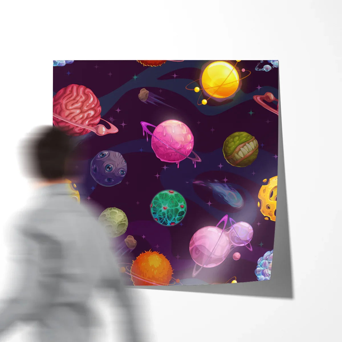 Square poster of colorful cartoon planets and stars in deep space