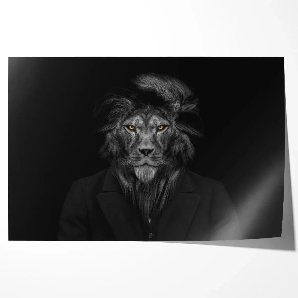 Black-and-white lion portrait in a suit—modern poster close-up