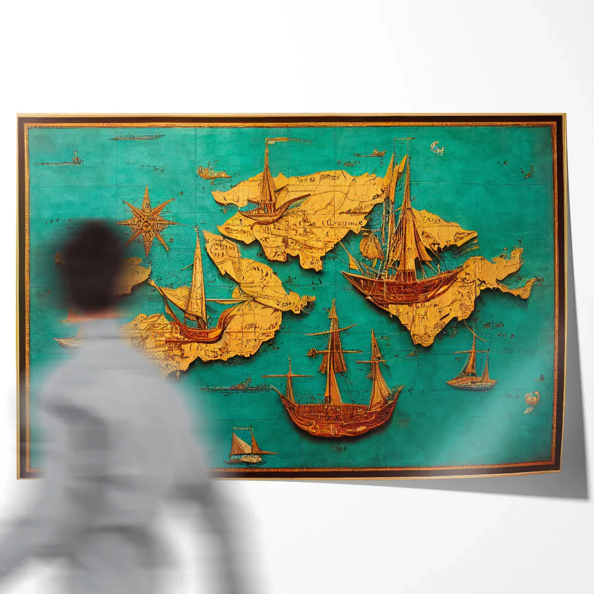 Vintage teal map with golden ships poster