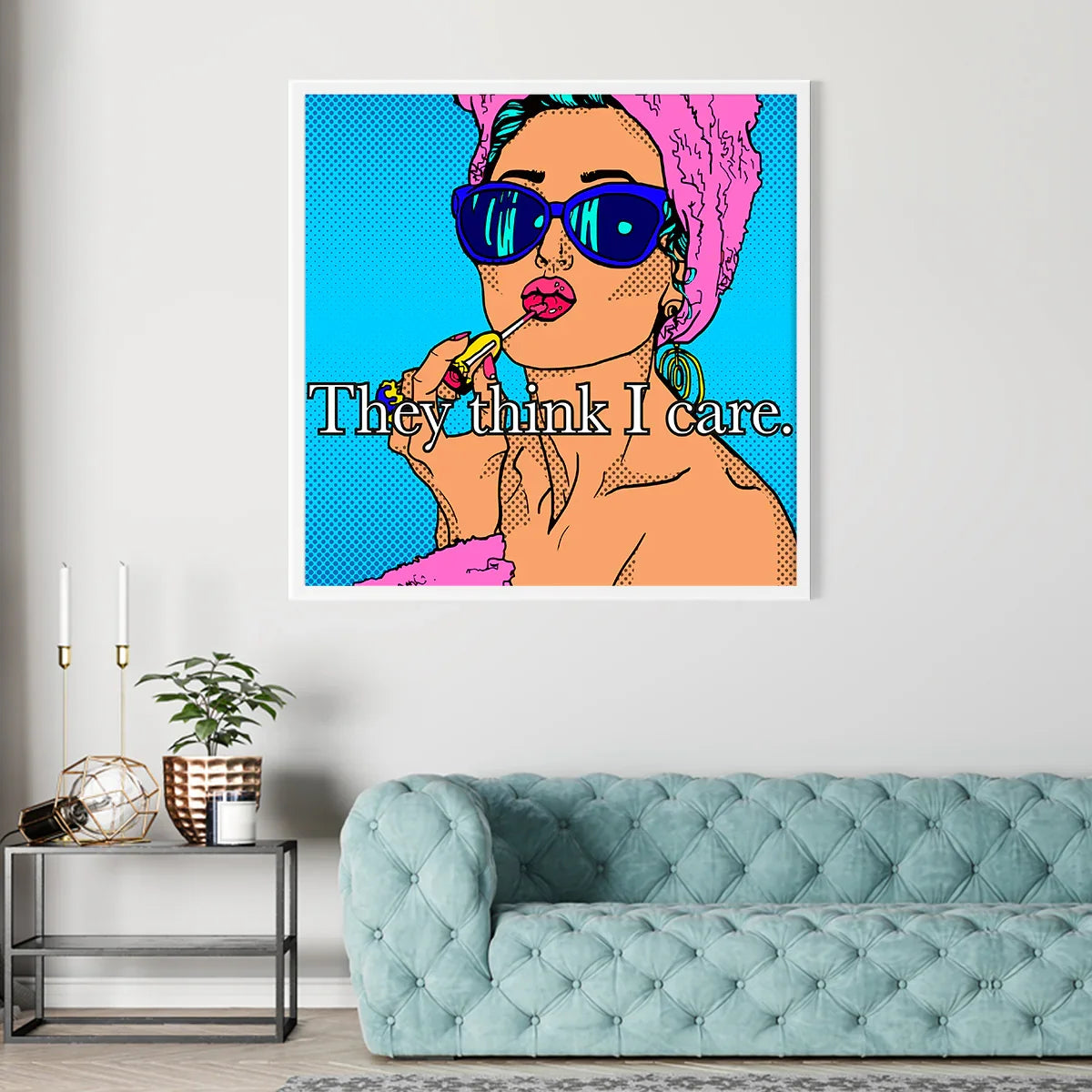 Bold pop art poster of a retro girl with thought bubble—playful, high-contrast colors in a modern living room