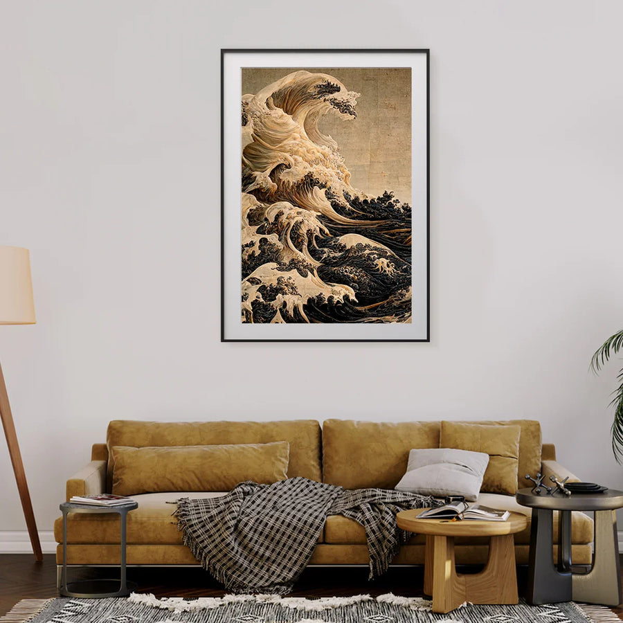 Framed vintage-style wave poster in a warm, mid-century living room