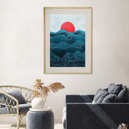 Red Sun in Blue Sea Waves Posters Wall Art Decor Japanese Style-Vertical Posters NOT FRAMED-CetArt-8″x10″ inches-CetArt