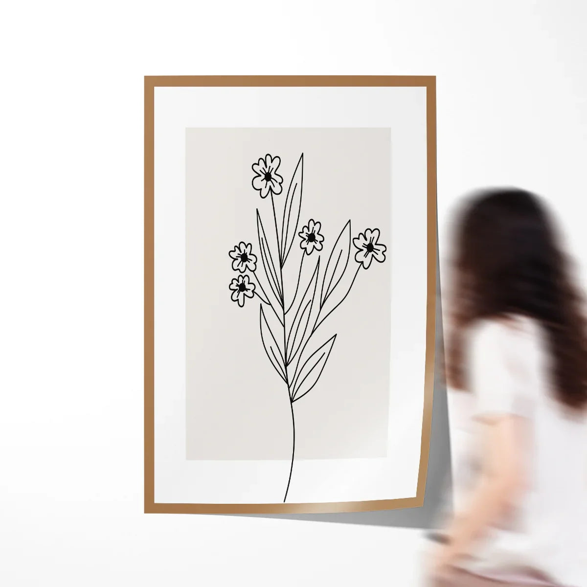 Minimalist flower poster with thin brown frame — soft bedroom-ready decor