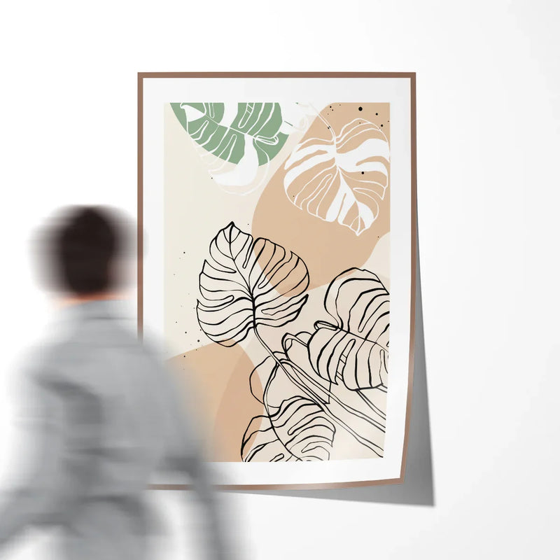 Beige minimalist leaves art poster with terracotta circles