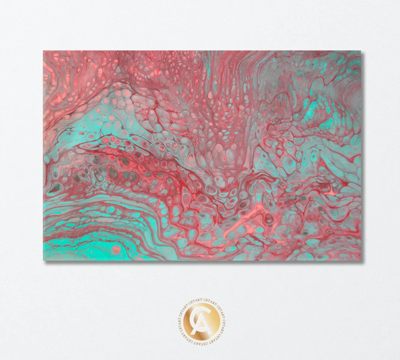 Close-up of the Abstract Pink and Blue Acrylic Bubbles canvas showing fluid acrylic cells and soft turquoise and coral layers.