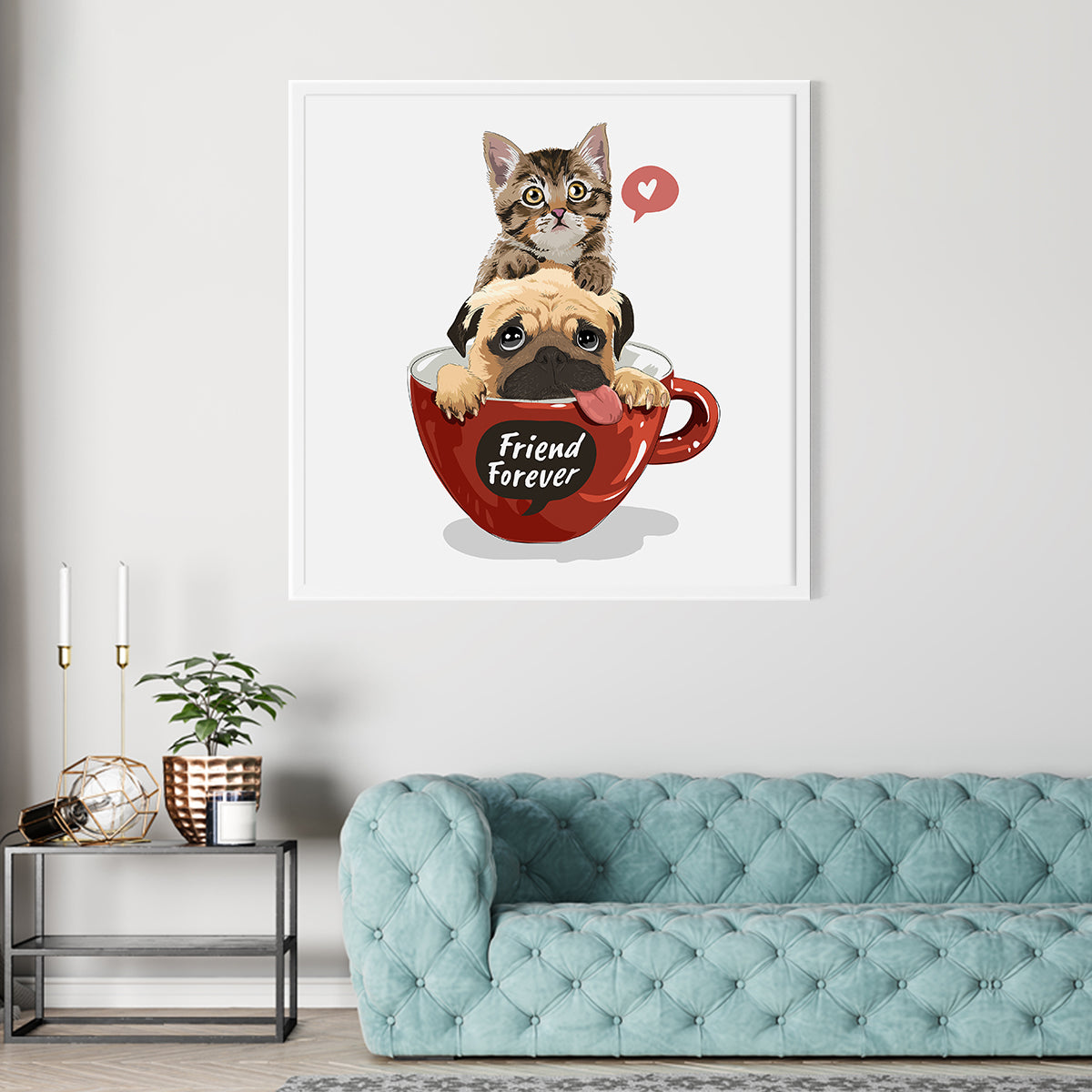 Dog with Kitten in Red Coffee Cup Posters For Wall Decor-Square Posters NOT FRAMED-CetArt-8″x8″ inches-CetArt