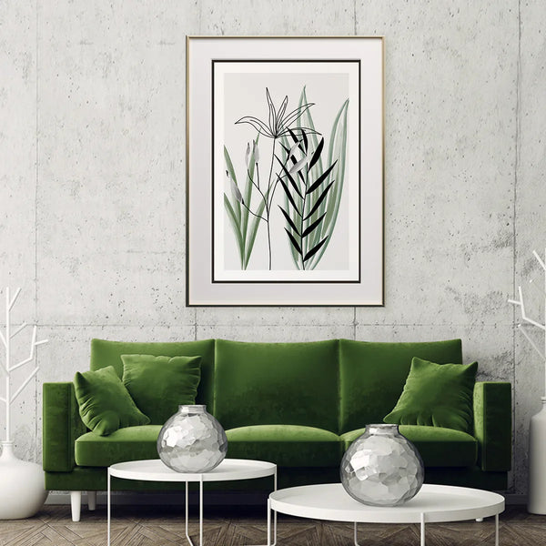 Vintage gray leaves minimalist poster framed in a neutral room