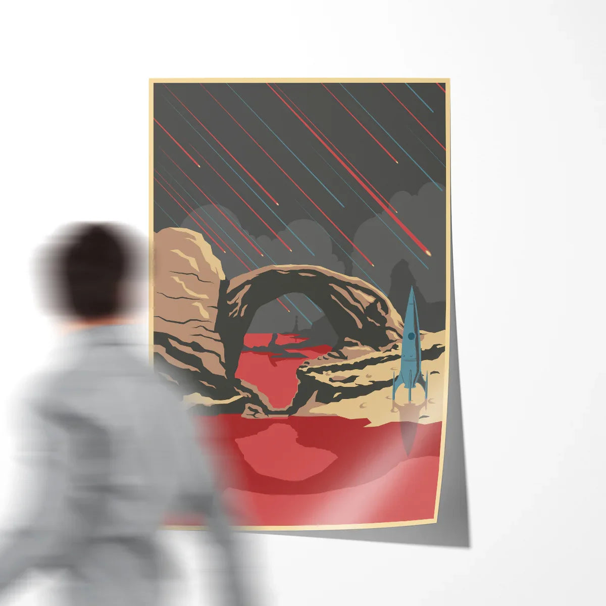 Retro space art poster with rocket and meteor shower in dramatic colors